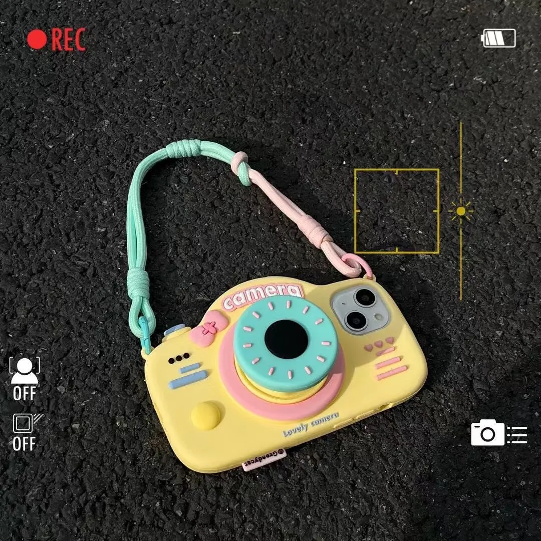 Cute Retractable Stand Camera Lanyard Case for iPhone 17, Compatible with iPhone 16/15 Pro Max/14 Pro Max/11, Shockproof TPU Bumper with Strap